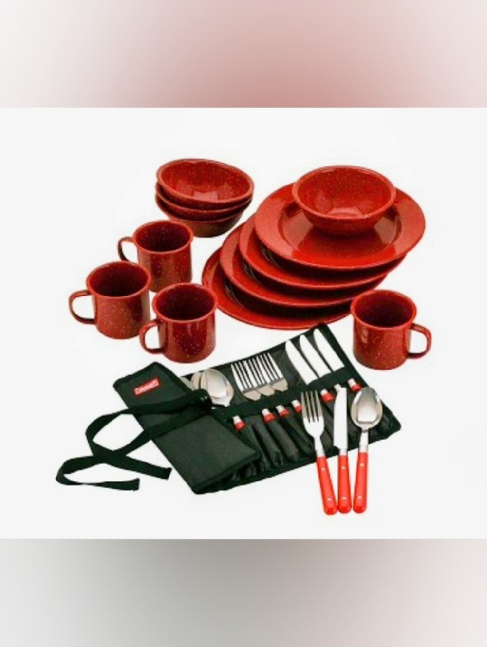 NEW Coleman Red Enamelware Dinnerware 24 Piece Set W/Utencils Camping